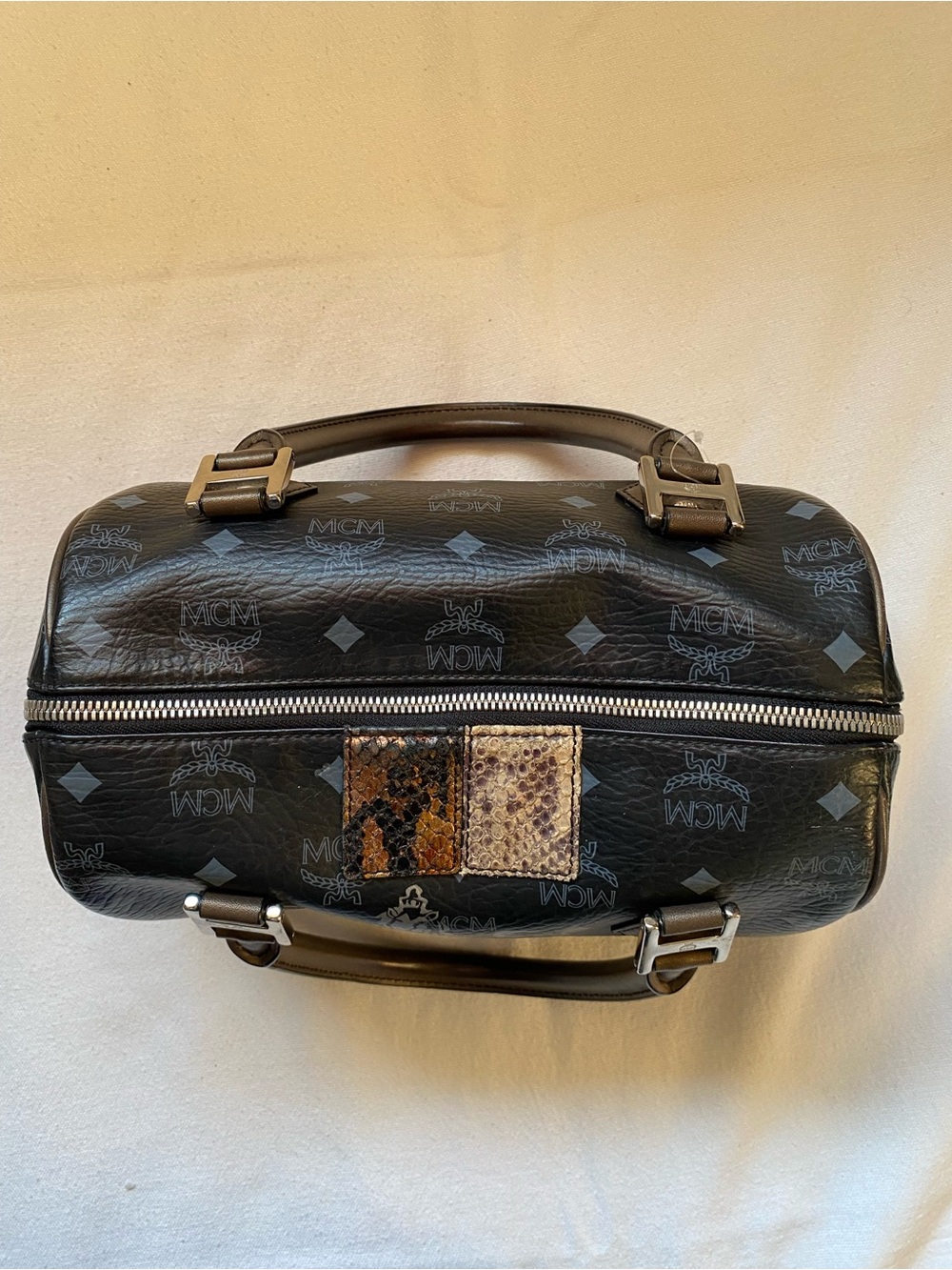 MCM Black Leather Boston Bag with Lion Motif and Mixed Snake-Print Accents - Picture 2 of 4